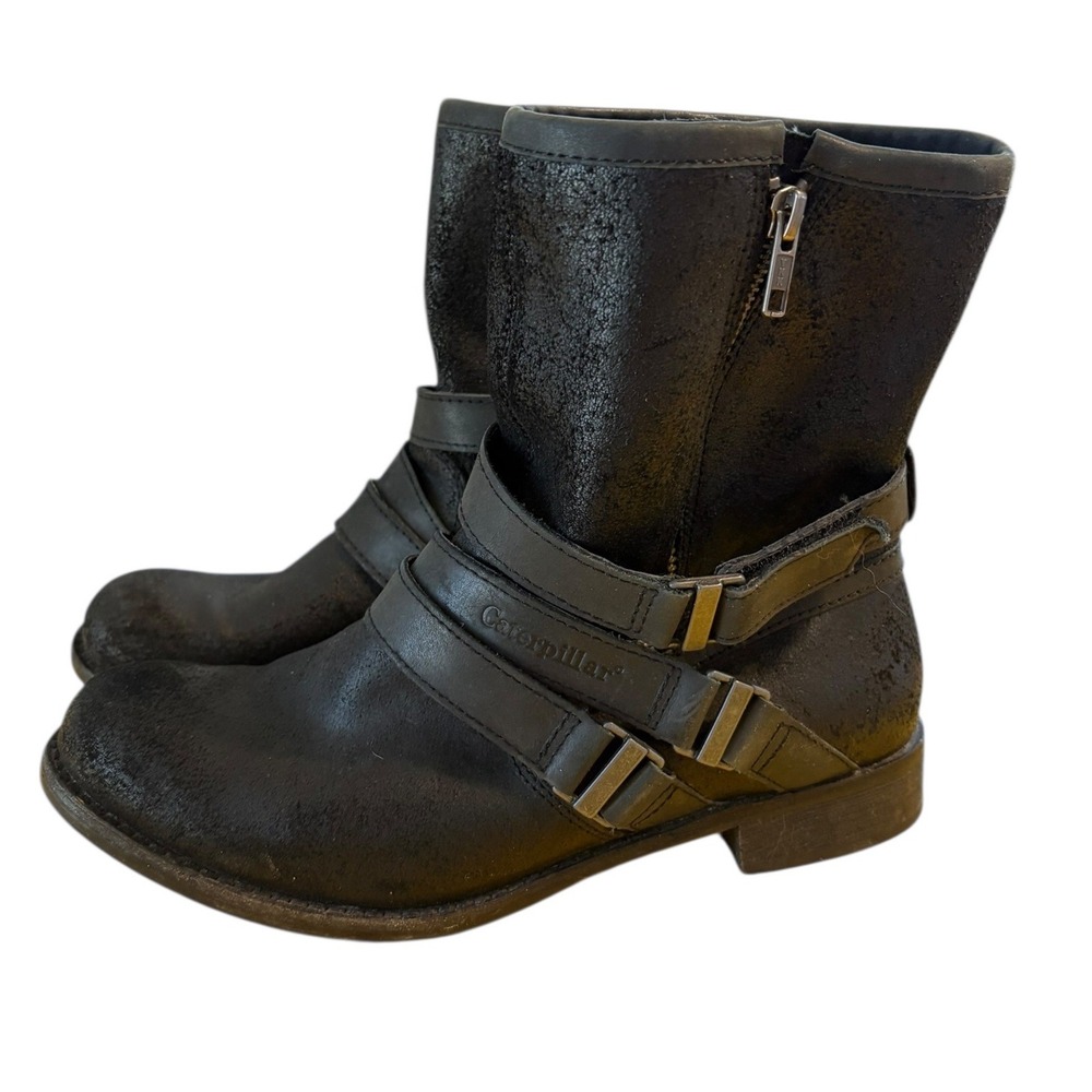 Caterpillar CAT Womens Black Leather Moto‎ Ankle Boots  Size 8 Zip Buckle